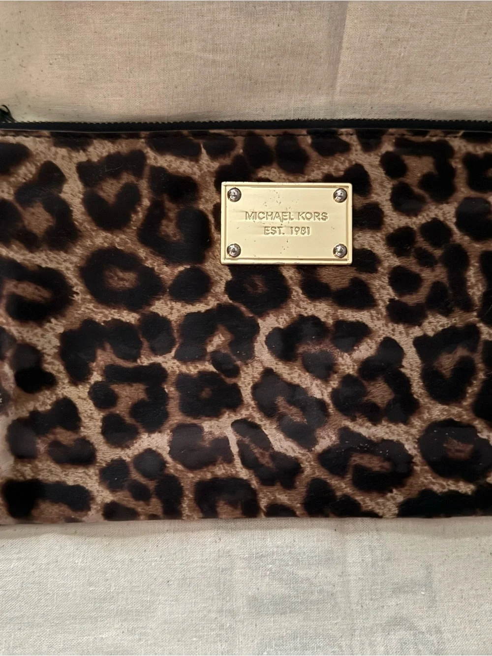 Michael Kors Leopard Print Pouch with Gold Logo Plate
